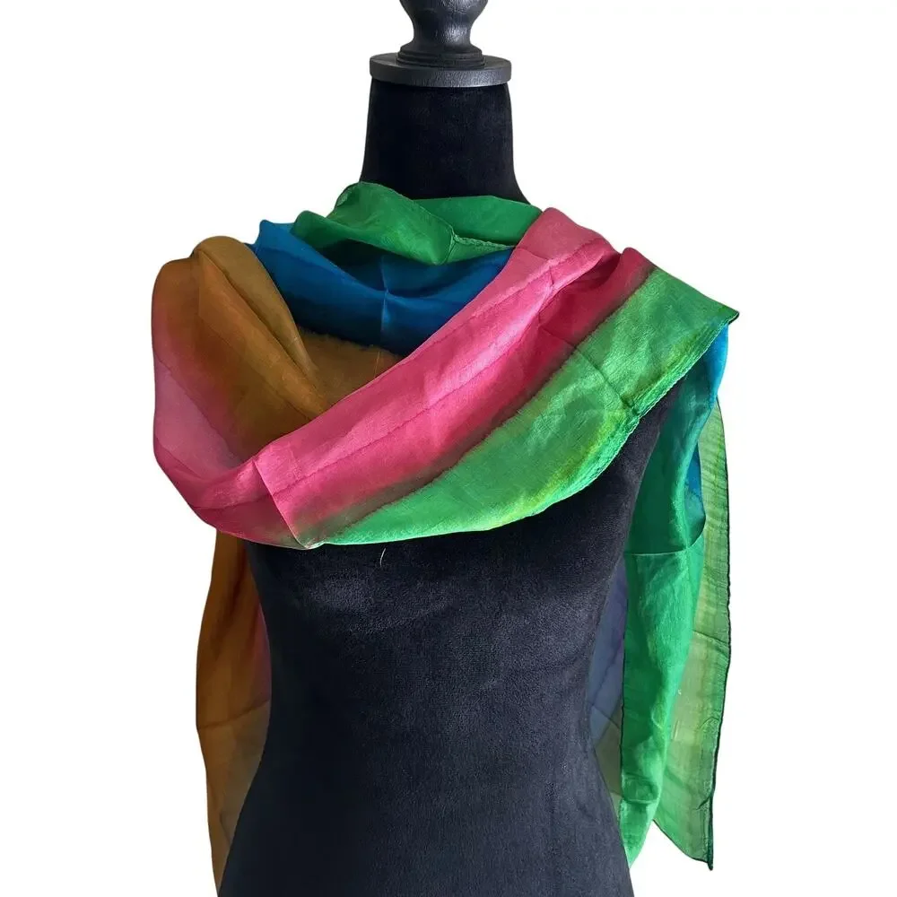 Colorful Silk Scarf Wrap Rainbow Striped Shawl Rectangular Lightweight Womens OS